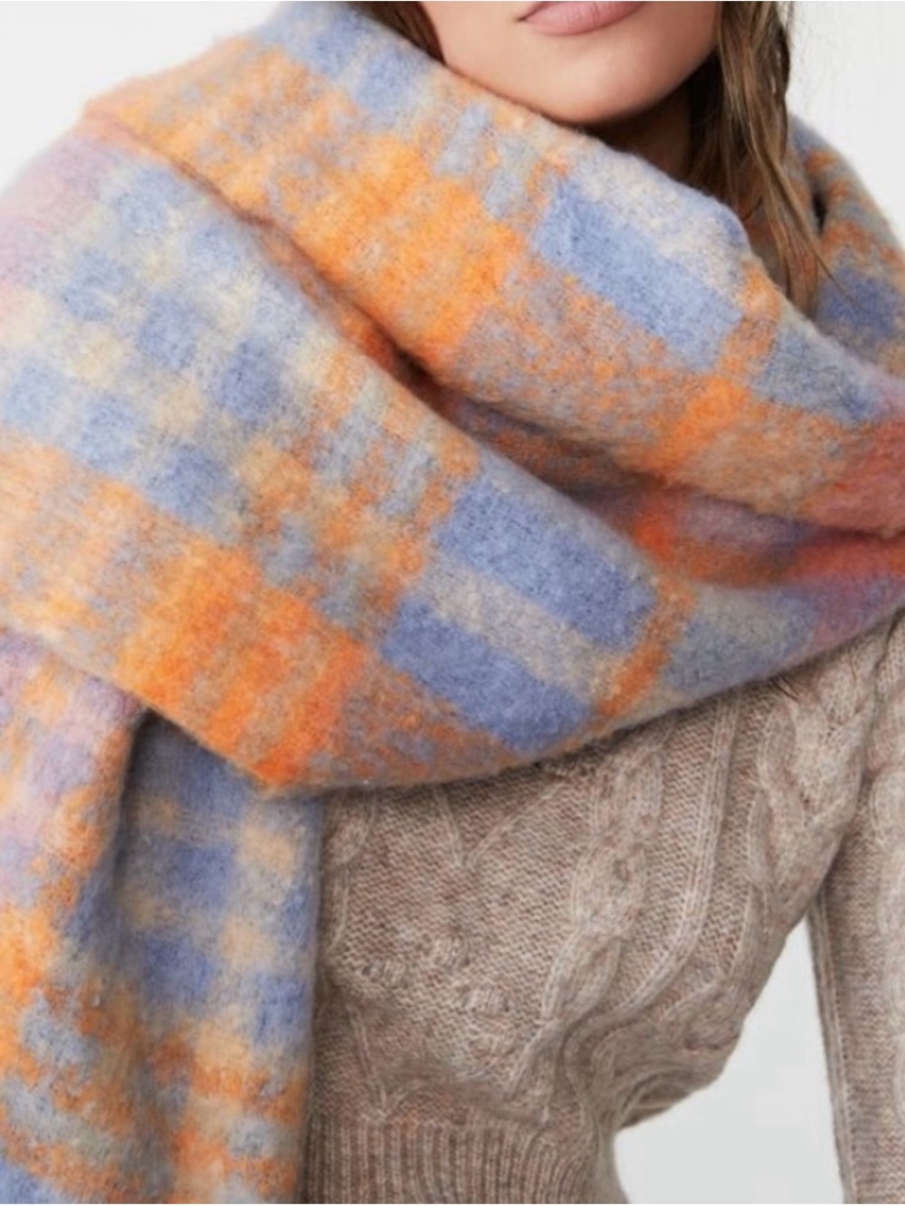 Cotton On Orange and Light Blue Plaid Wrap Scarf